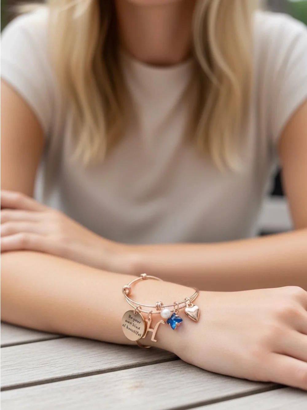 8/21 Rose Gold Initial H Charm Bracelet with Blue Butterfly and Heart